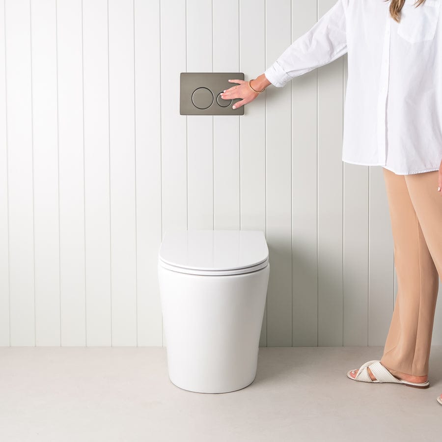 TileCloud TOILETS Angled In-Wall Toilet With Round Gunmetal Buttons