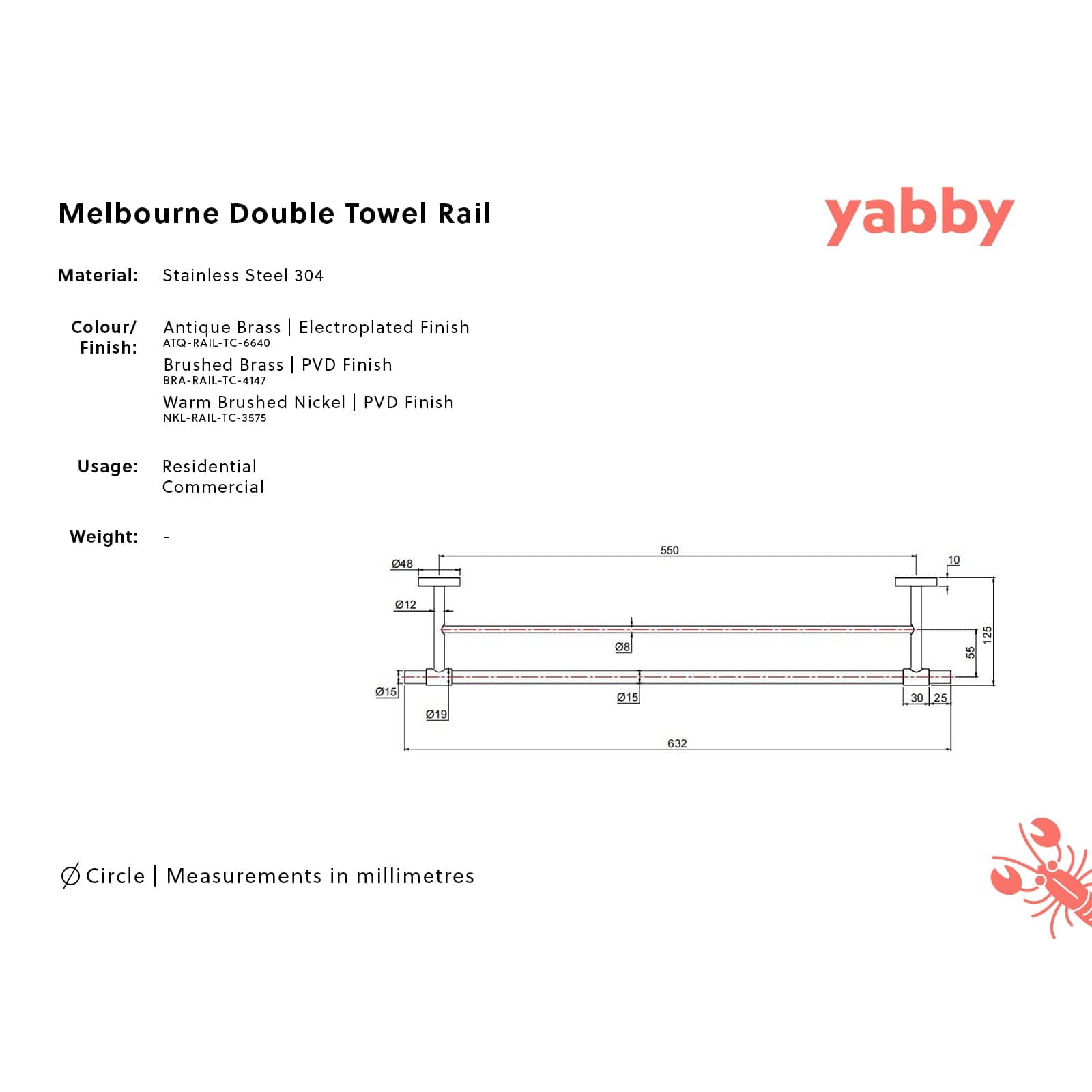 TileCloud TAPWARE Melbourne Double Towel Rail Warm Brushed Nickel 630mm