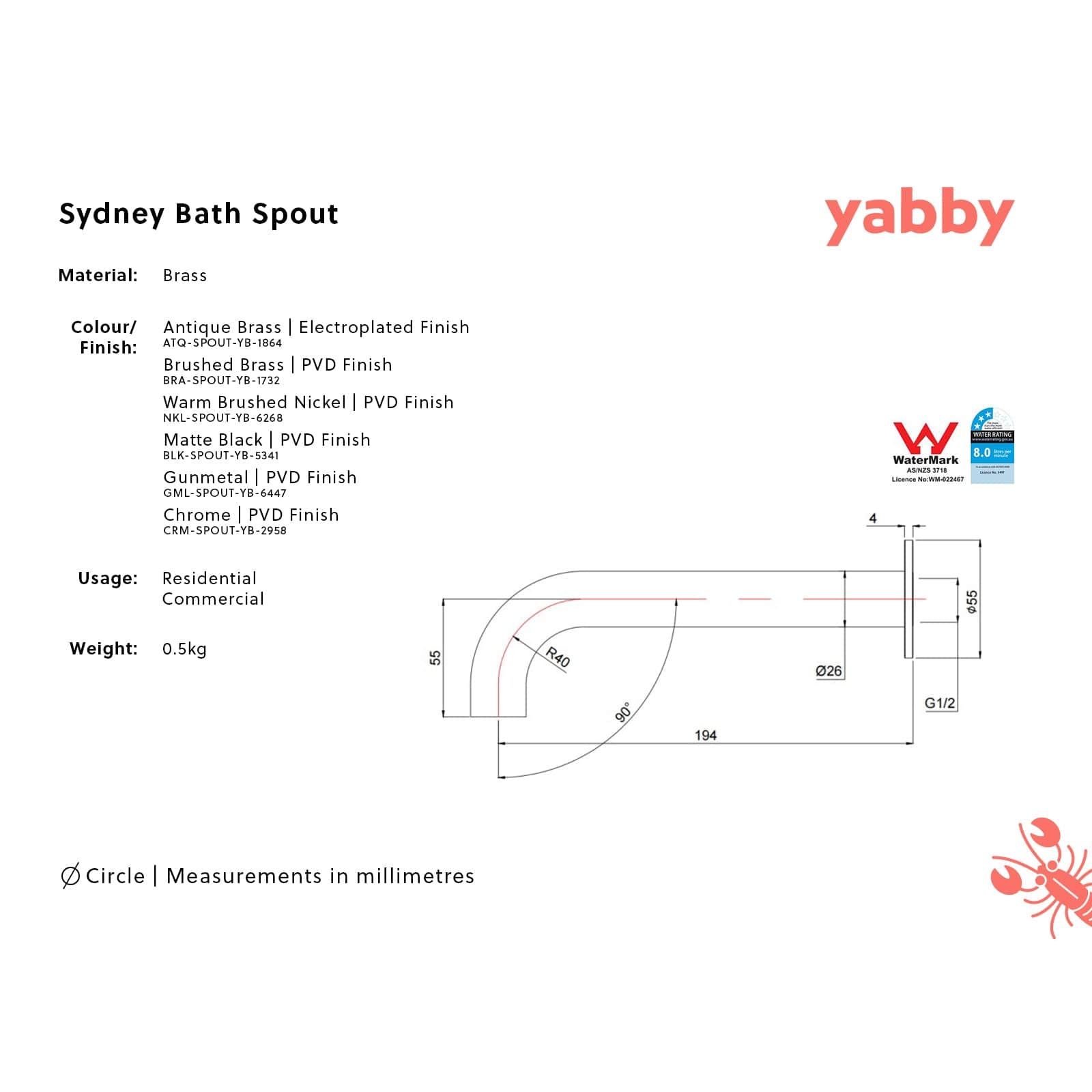 Yabby TAPWARE Sydney Wall Spout Antique Brass