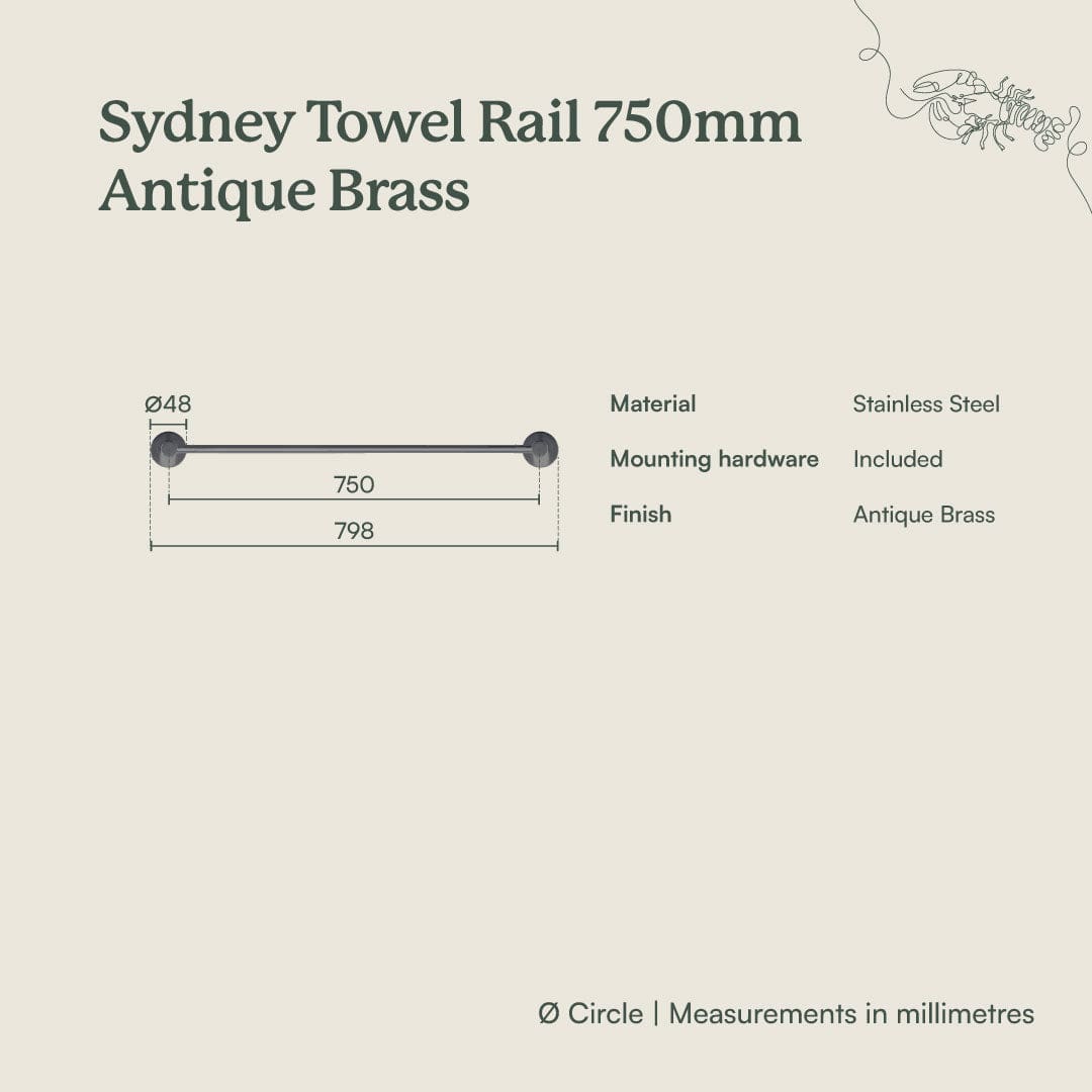 Yabby TAPWARE Sydney Towel Rail 750mm Antique Brass