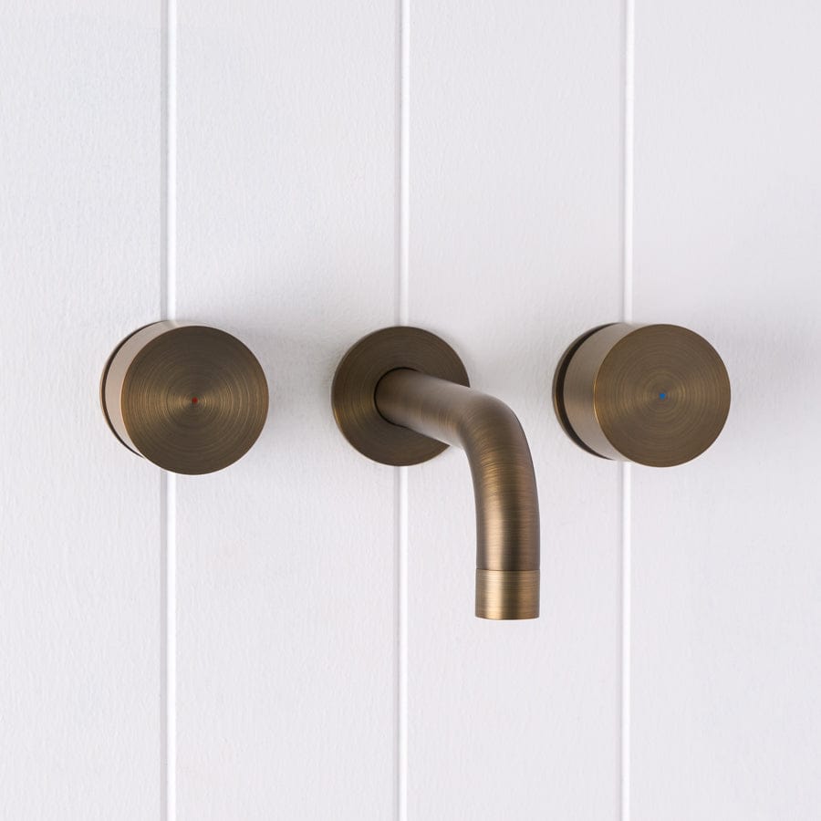 Yabby TAPWARE Sydney Wall Spout + Round Wall Taps Antique Brass