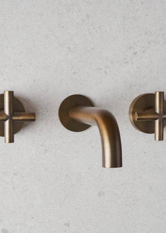 Yabby TAPWARE Wall Spout + Cross taps Antique Brass