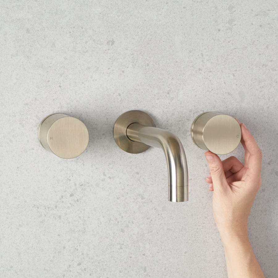 Yabby TAPWARE Wall Spout + Round Wall Taps Warm Brushed Nickel