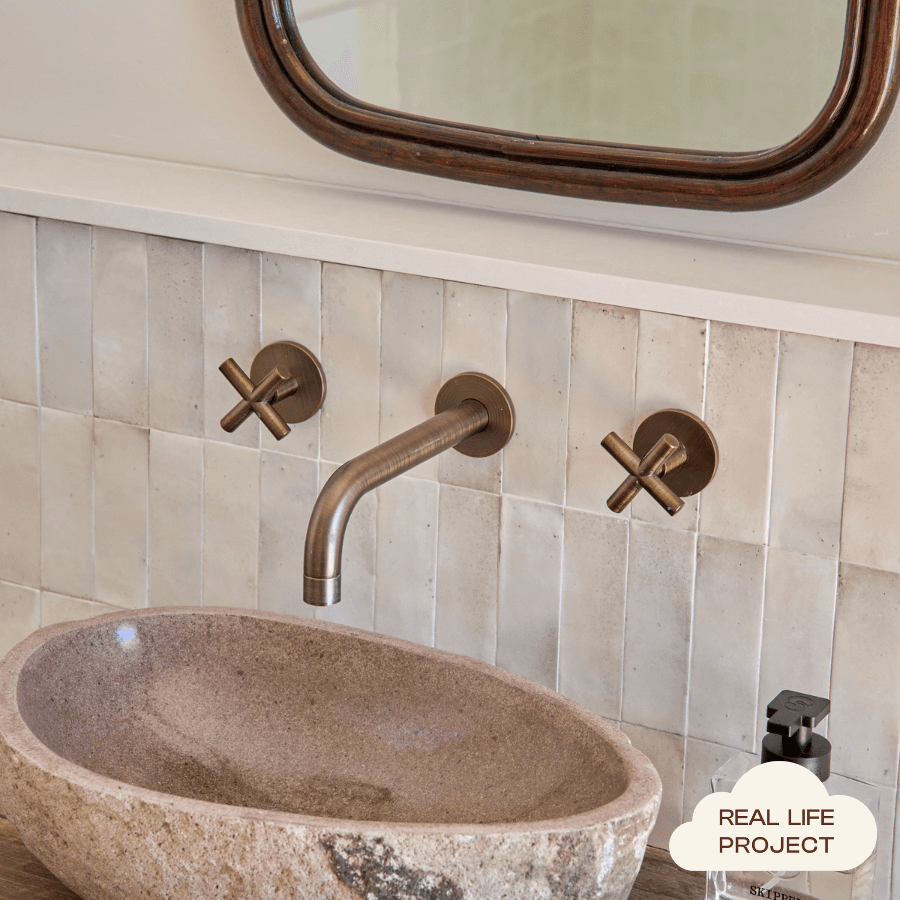 Sydney Wall Spout + Cross Taps Antique Brass