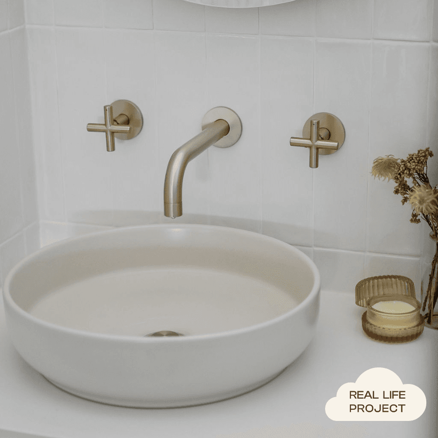 Sydney Wall Spout + Cross Taps Warm Brushed Nickel