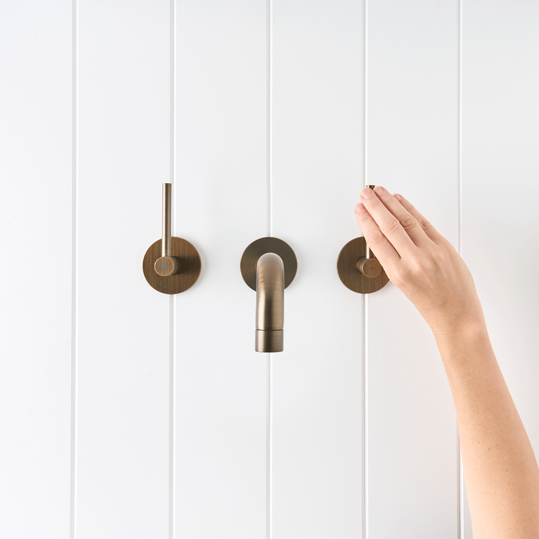 Sydney Wall Spout + Double Handle Taps Antique Brass