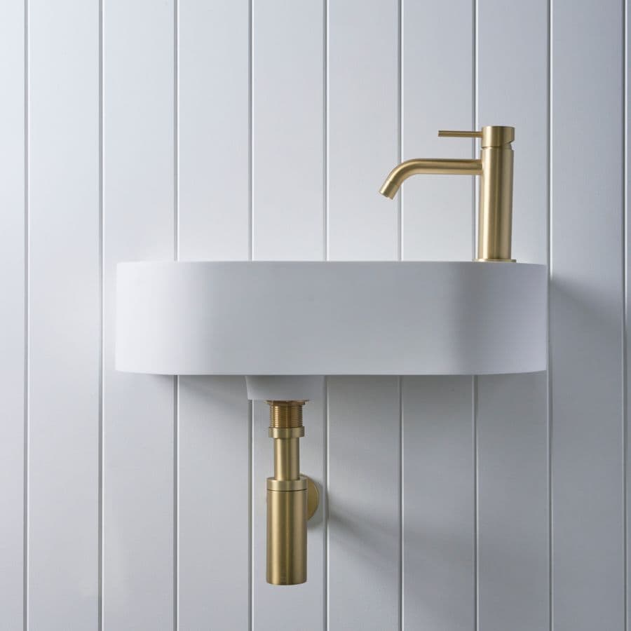 Wall Hung Basin with Short Basin Mixer Set Brushed Brass