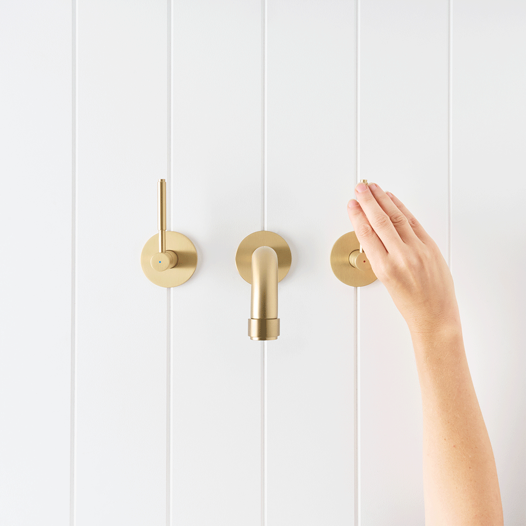Melbourne Wall Spout + Double Handle Taps Brushed Brass