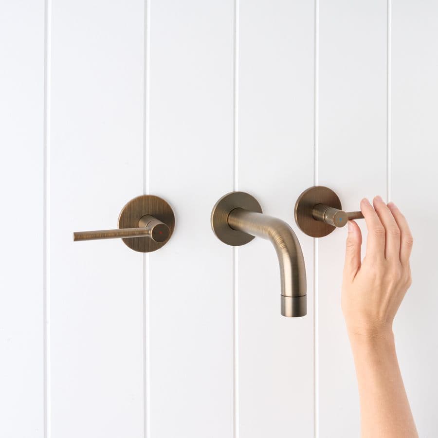 Sydney Wall Spout + Double Handle Taps Antique Brass