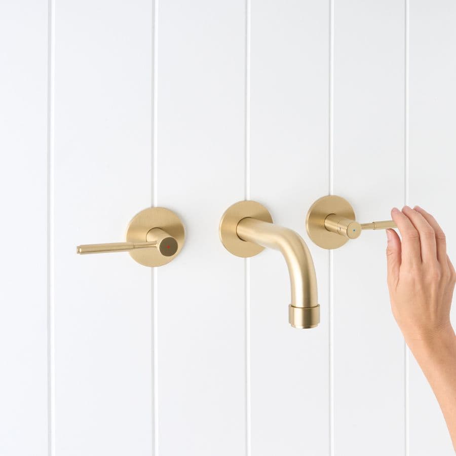 Melbourne Wall Spout + Double Handle Taps Brushed Brass