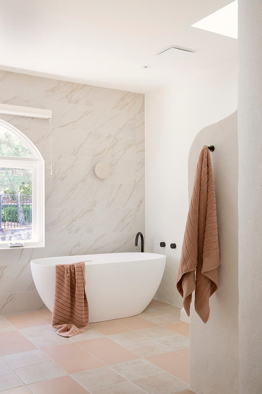 Modern Mallorca Girl's bathroom: Balmoral Dusty Blush tiles 