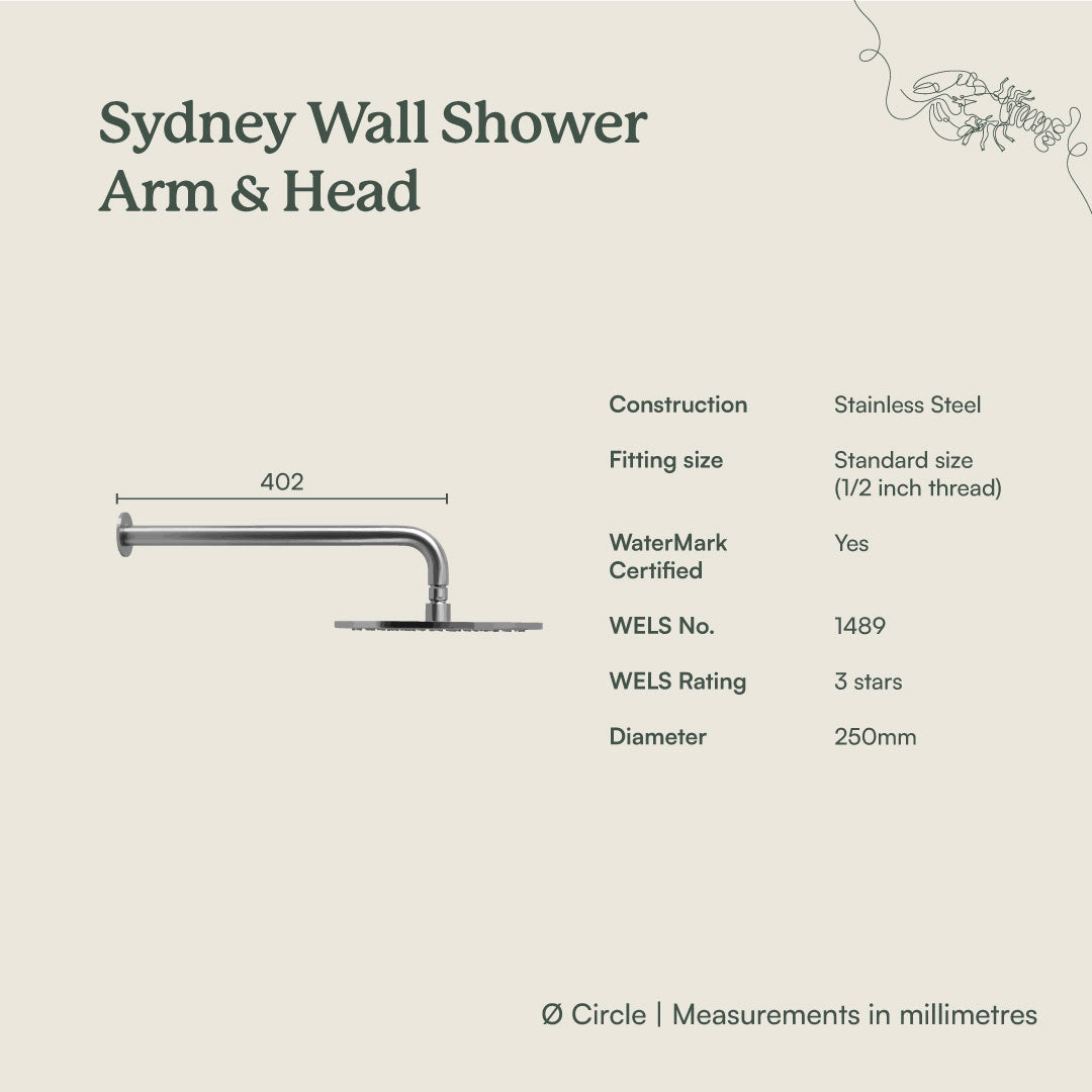 Wall Shower Arm and Head Antique Brass 255mm