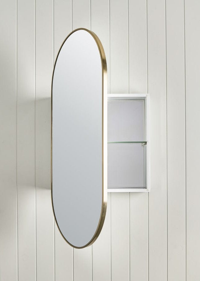 TileCloud BATHWARE Oval Mirror Cabinet Brushed Brass