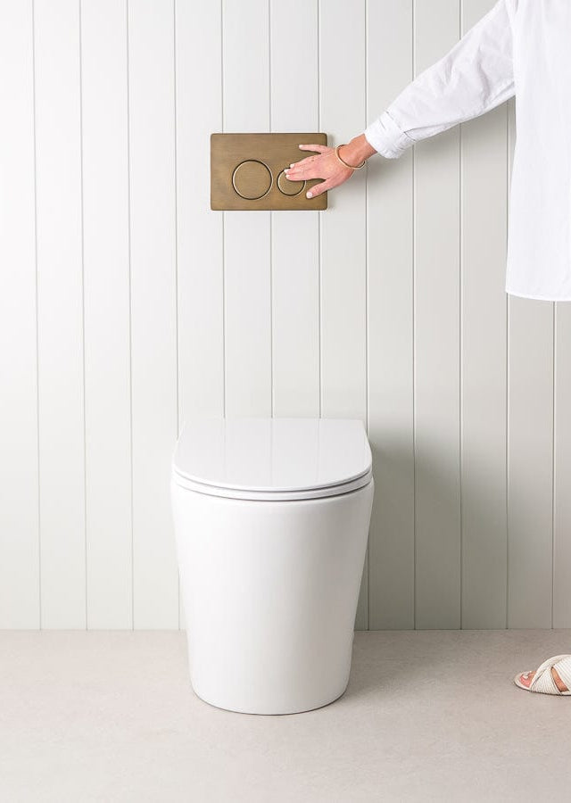 TileCloud TOILETS Angled In-Wall Toilet With Round Antique Brass Buttons