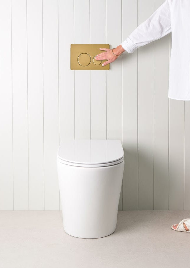 TileCloud TOILETS Angled In-Wall Toilet With Round Brushed Brass Buttons