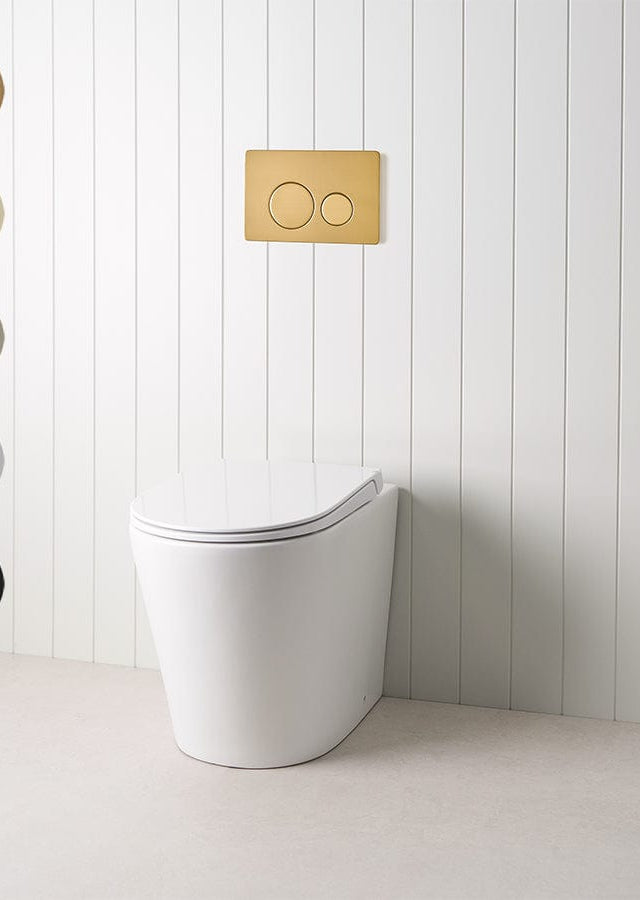 TileCloud TOILETS Angled In-Wall Toilet With Round Brushed Brass Buttons