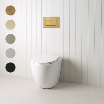 Curved In-Wall Toilet With Rectangle Brushed Brass Buttons