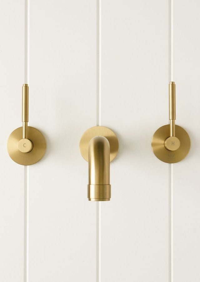 TileCloud TAPWARE Melbourne Wall Spout + Double Handle Taps Brushed Brass