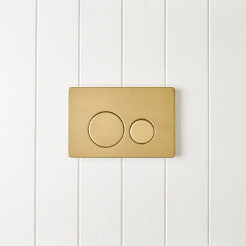 Curved In-Wall Toilet With Round Brushed Brass Buttons