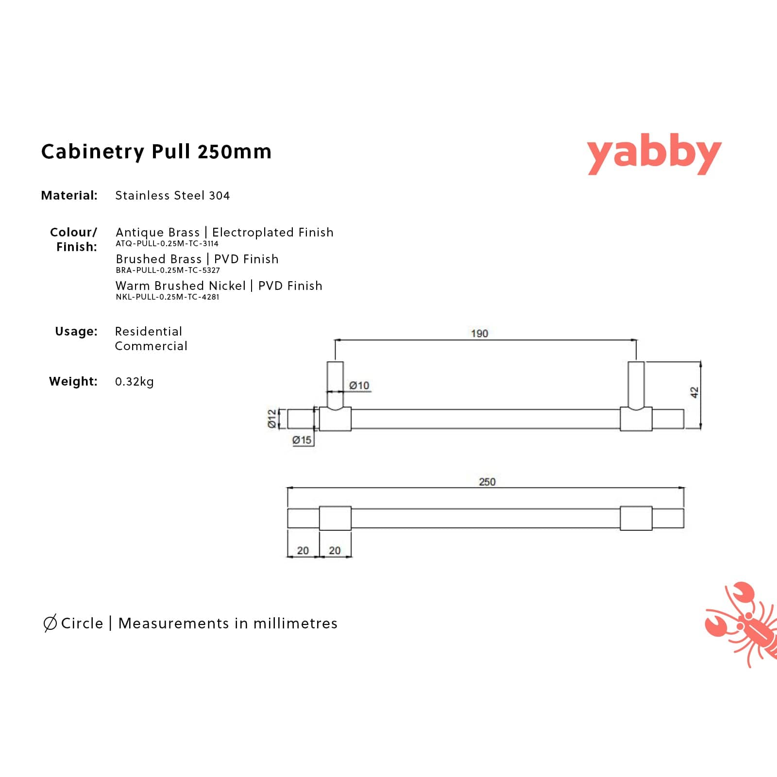 TileCloud TAPWARE Cabinetry Pull 250mm Brushed Brass