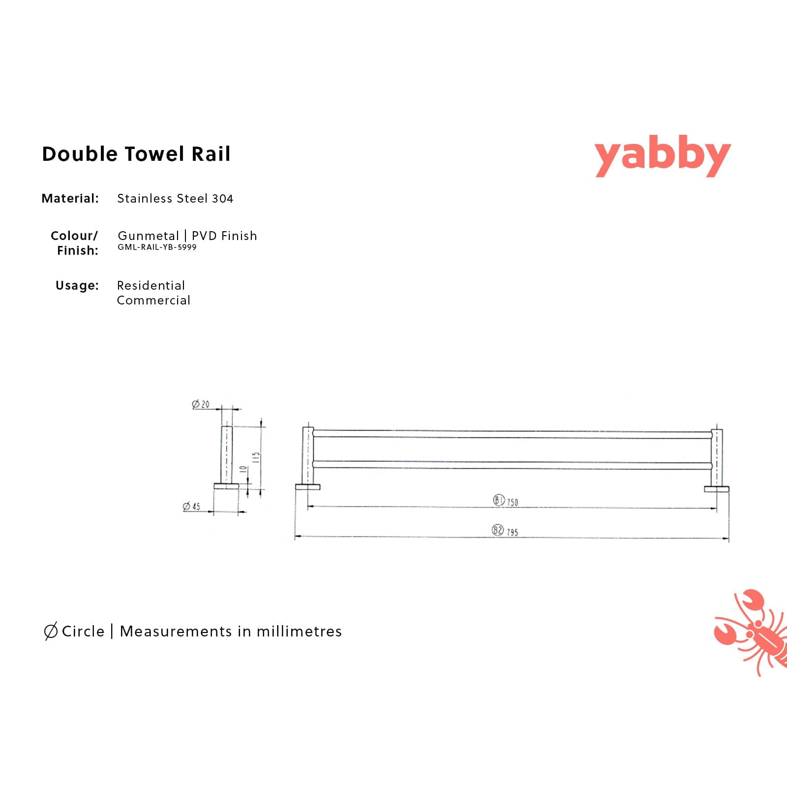 Yabby TAPWARE Double Towel Rail Gunmetal