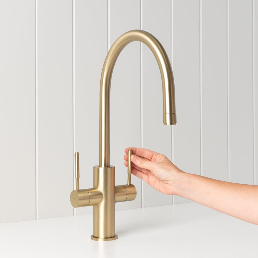 Melbourne Twin Tap Kitchen Mixer Brushed Brass – TileCloud