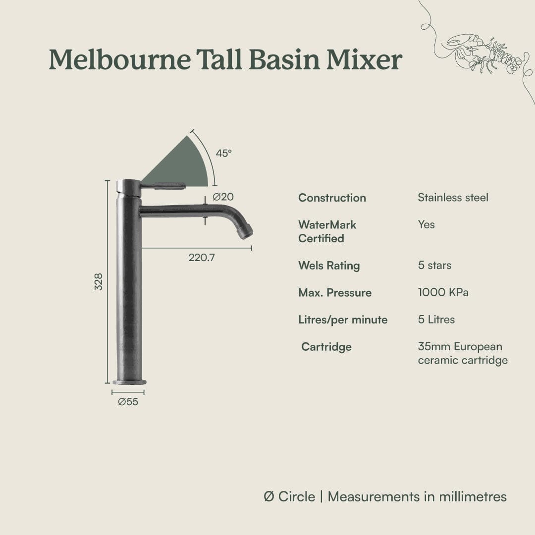 Yabby TAPWARE Melbourne Tall  Basin Mixer Warm Brushed Nickel