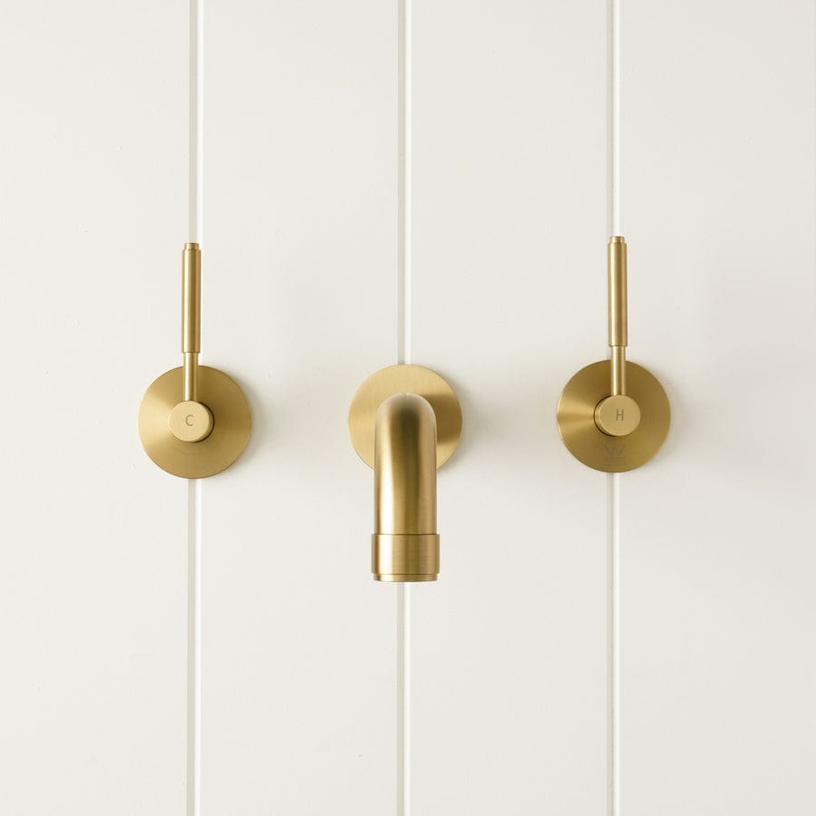 TileCloud TAPWARE Melbourne Wall Spout + Double Handle Taps Brushed Brass