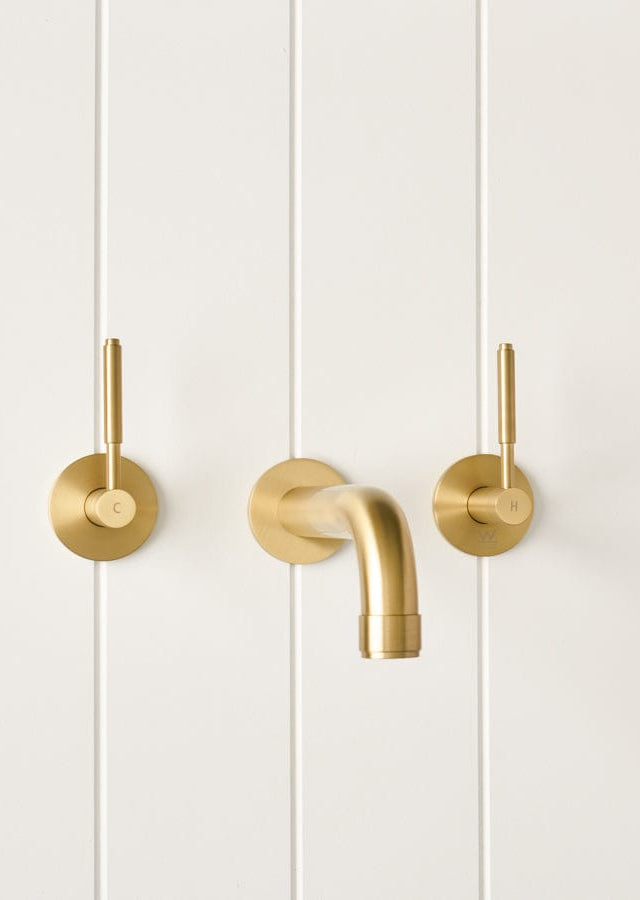 TileCloud TAPWARE Melbourne Wall Spout + Double Handle Taps Brushed Brass