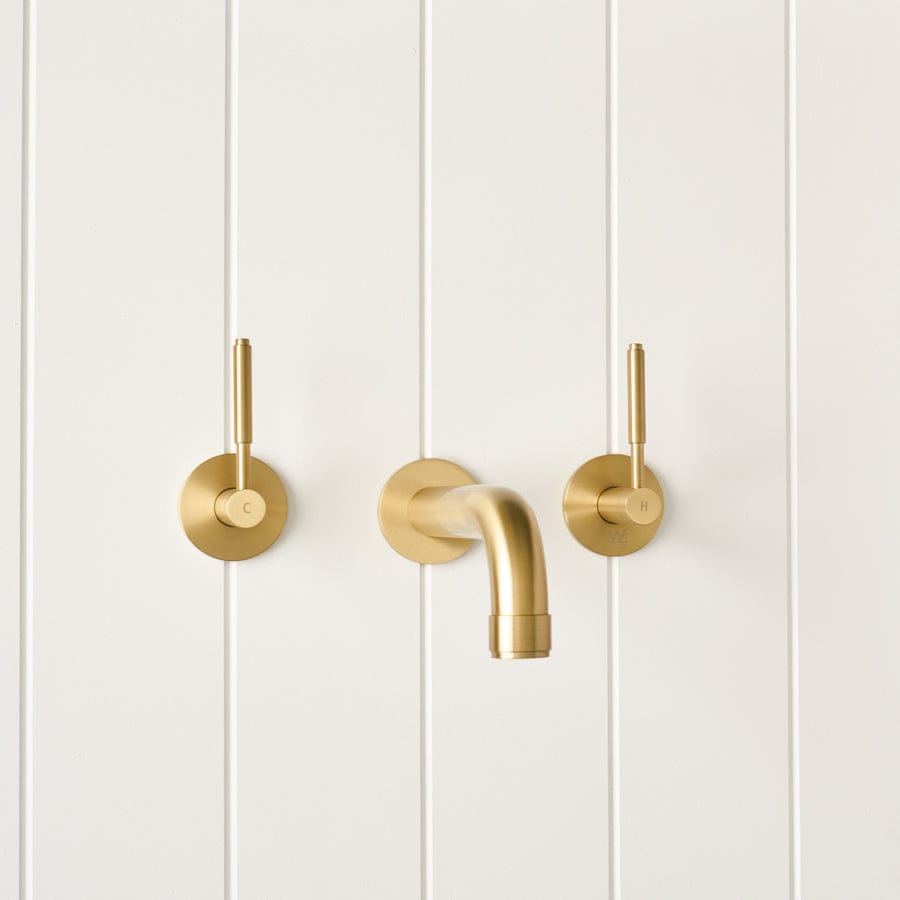 TileCloud TAPWARE Melbourne Wall Spout + Double Handle Taps Brushed Brass