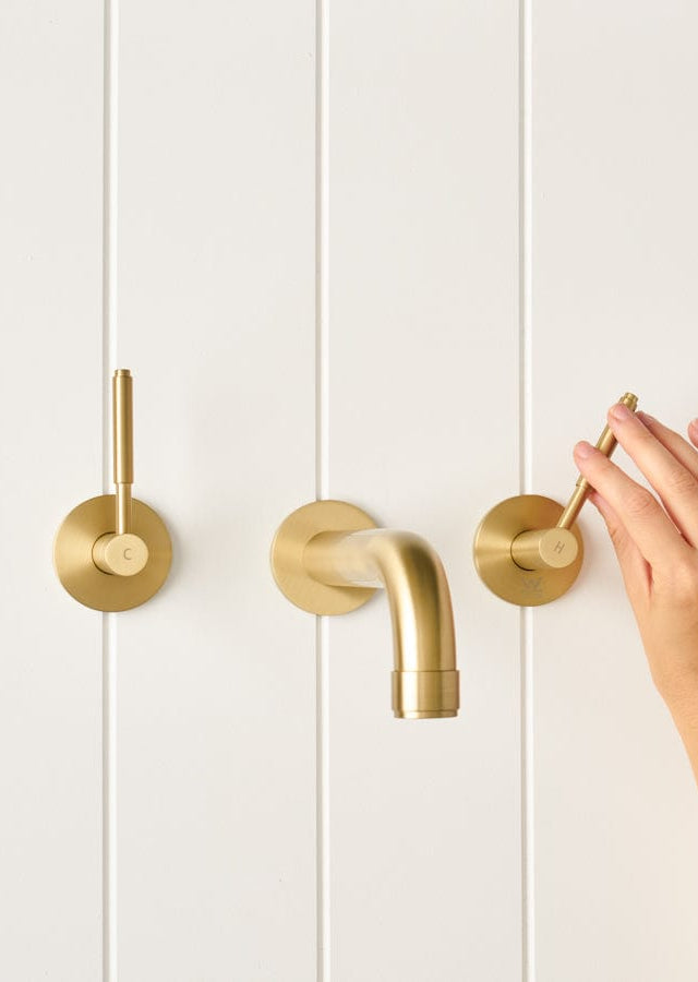 TileCloud TAPWARE Melbourne Wall Spout + Double Handle Taps Brushed Brass