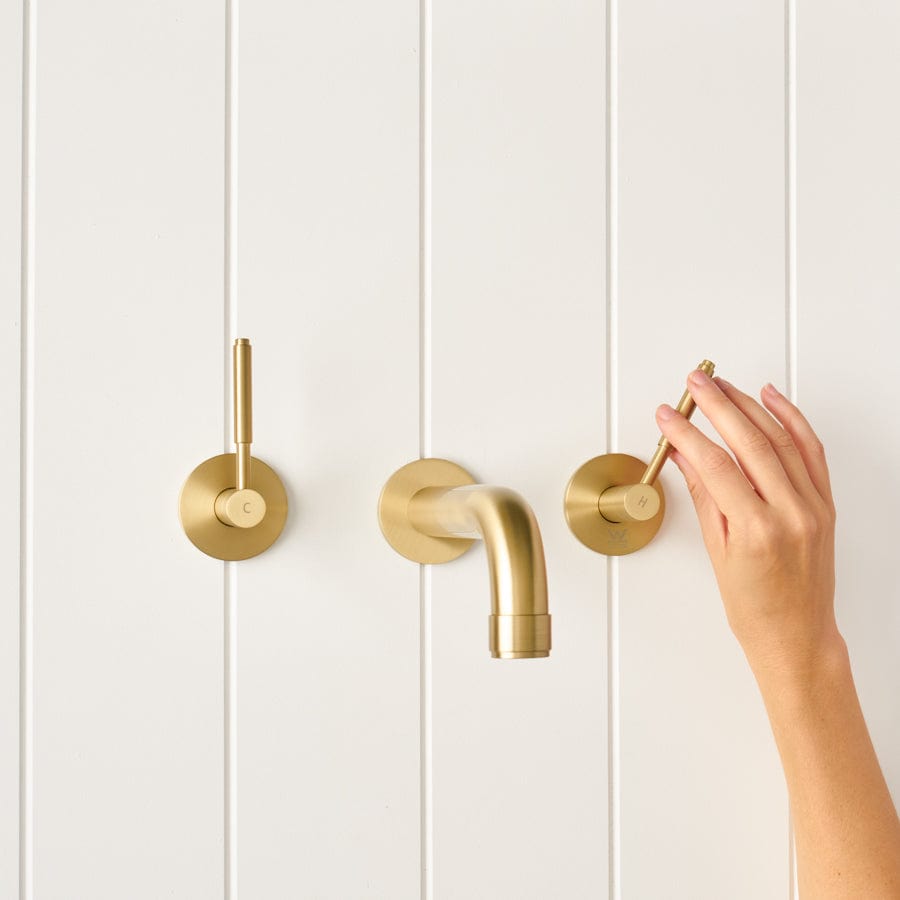 TileCloud TAPWARE Melbourne Wall Spout + Double Handle Taps Brushed Brass