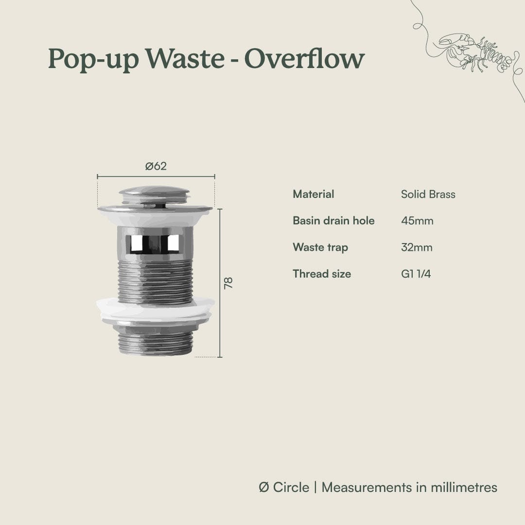 Yabby TAPWARE Pop Up Waste Black Matte - Overflow