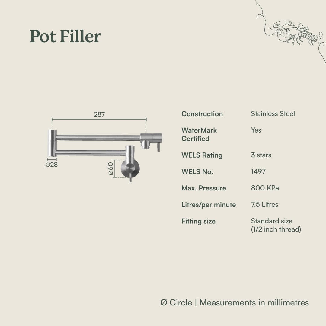 Yabby TAPWARE Pot Filler Warm Brushed Nickel