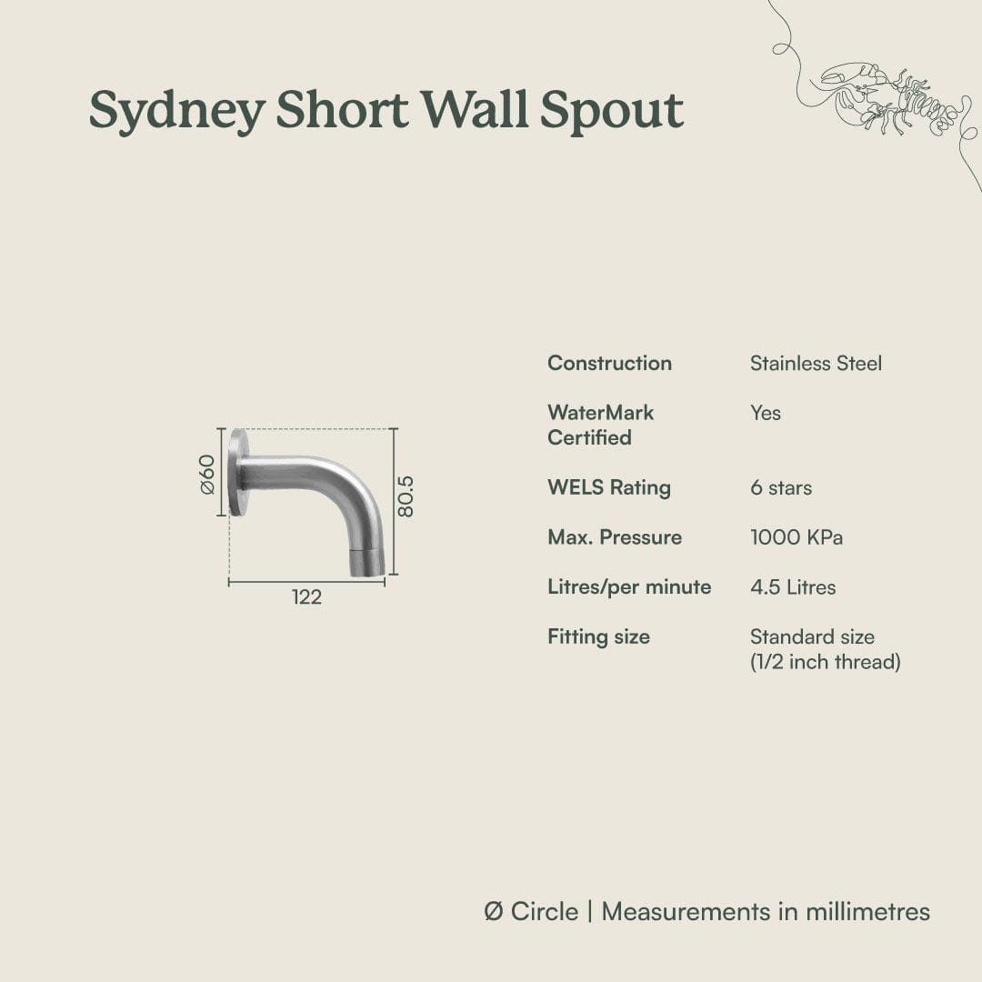 Yabby TAPWARE Sydney Short Wall Spout Brushed Brass