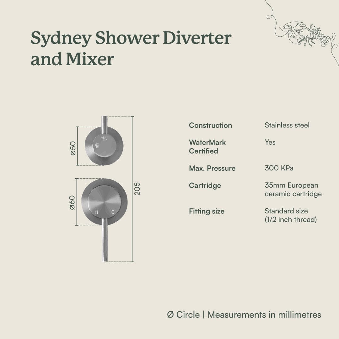 Yabby TAPWARE Sydney Shower Diverter and Mixer Brushed Brass