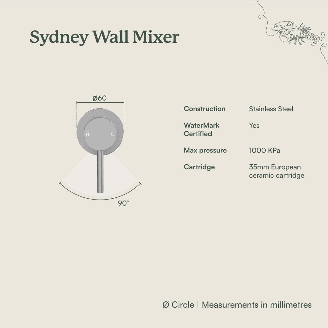 Yabby TAPWARE Sydney Wall Mixer Warm Brushed Nickel