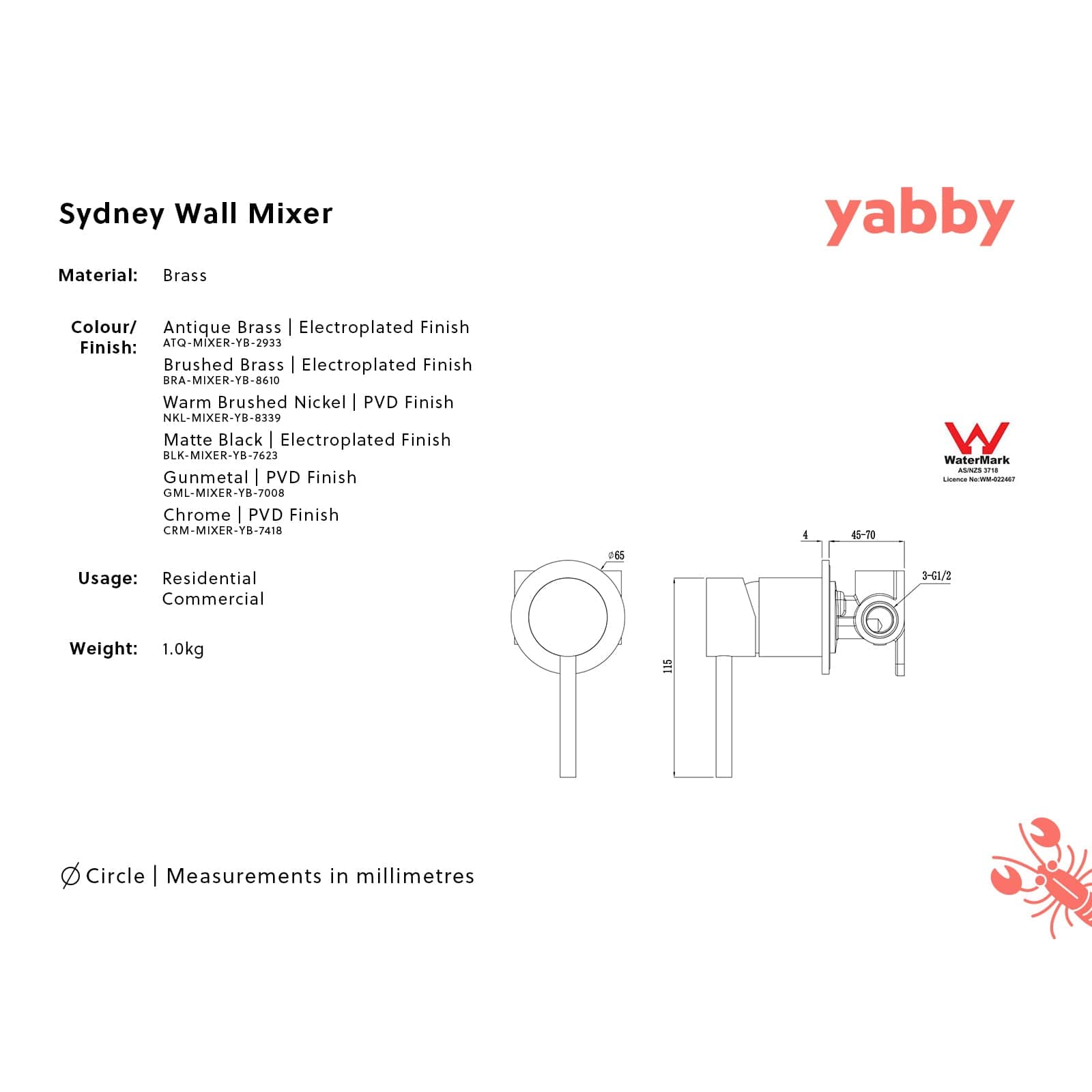 Yabby TAPWARE Sydney Wall Spout + Mixer Warm Brushed Nickel