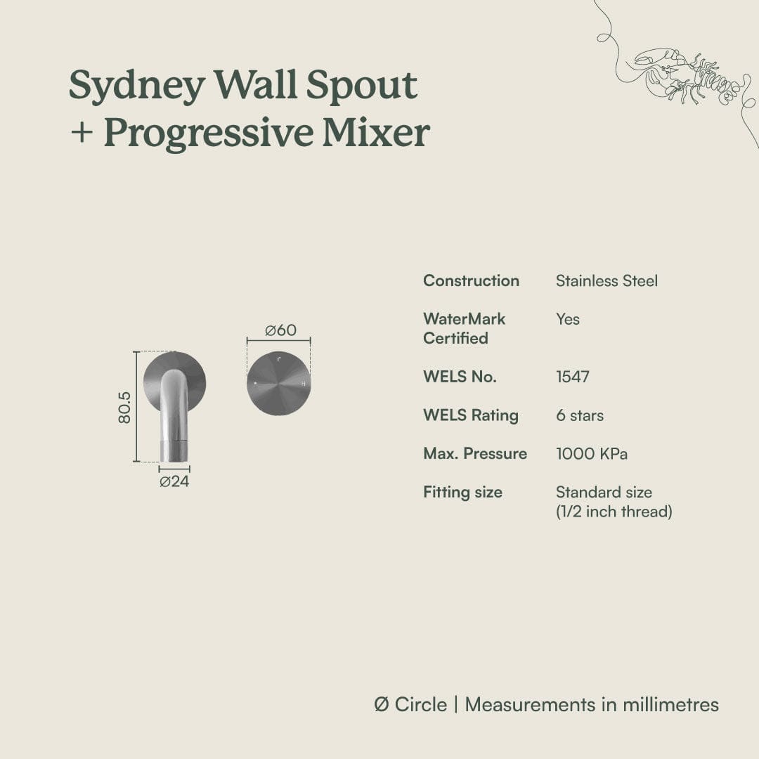 Yabby TAPWARE Sydney Wall Spout + Progressive Mixer Brushed Brass