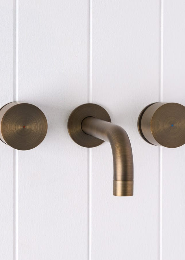 Yabby TAPWARE Sydney Wall Spout + Round Wall Taps Antique Brass