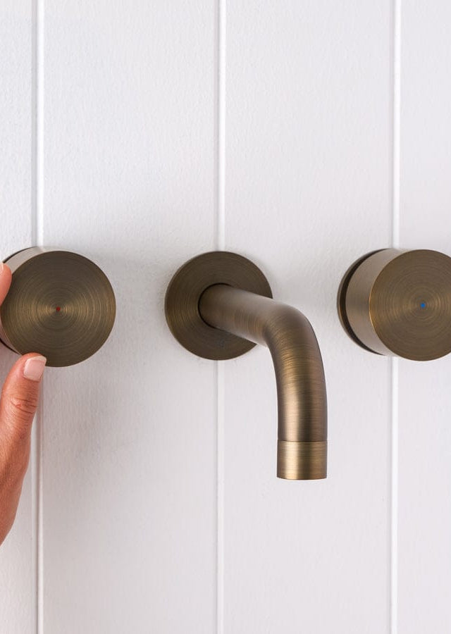 Yabby TAPWARE Sydney Wall Spout + Round Wall Taps Antique Brass