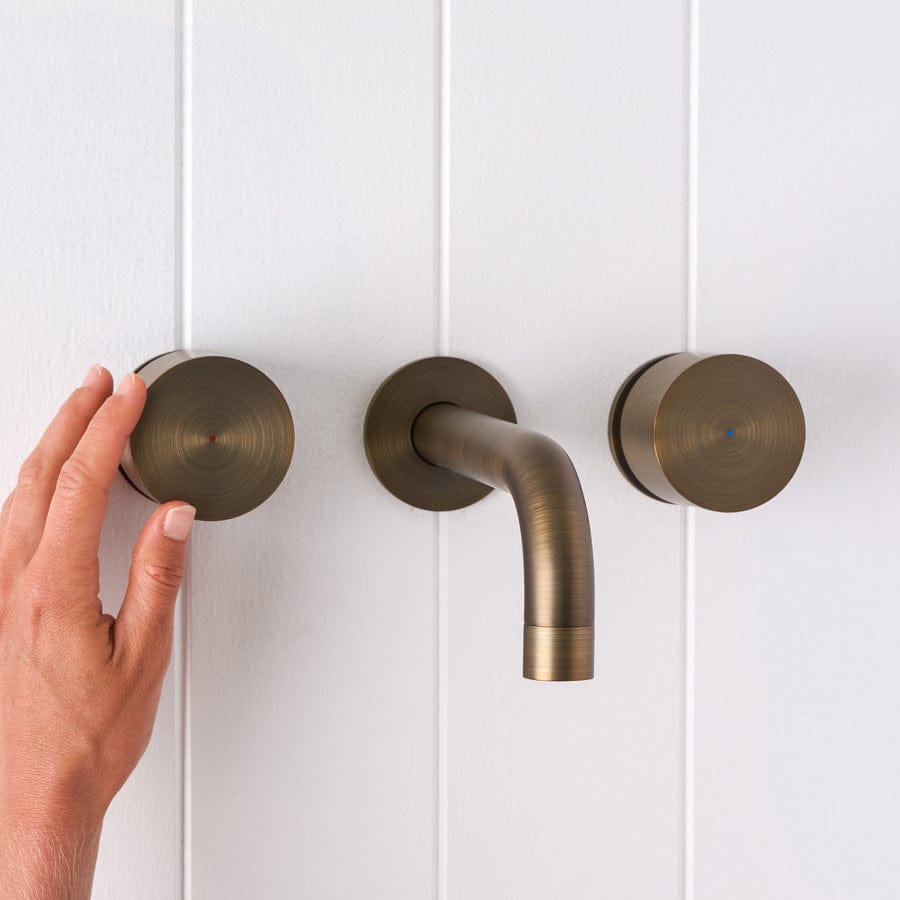 Yabby TAPWARE Sydney Wall Spout + Round Wall Taps Antique Brass