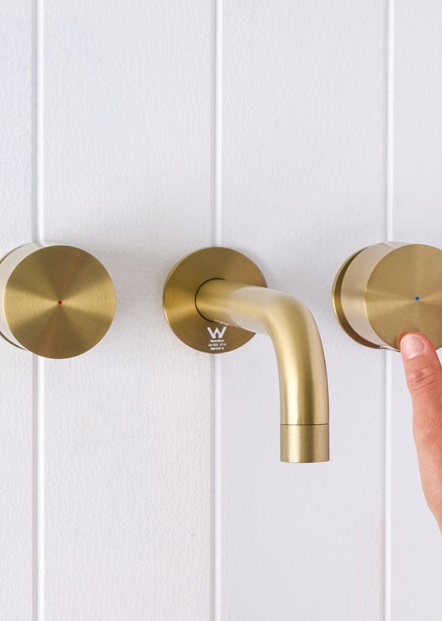 Yabby TAPWARE Sydney Wall Spout + Round Wall Taps Brushed Brass