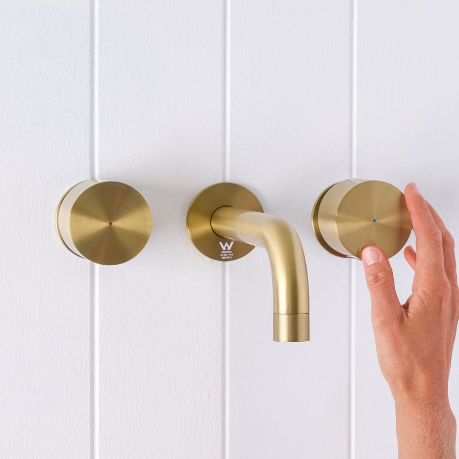 Yabby TAPWARE Sydney Wall Spout + Round Wall Taps Brushed Brass