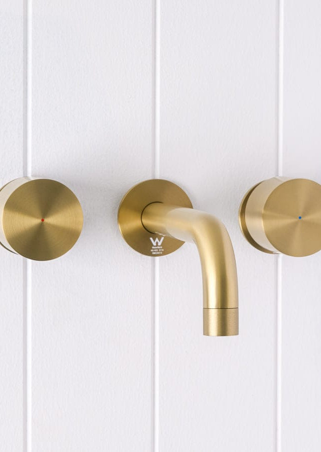 Yabby TAPWARE Sydney Wall Spout + Round Wall Taps Brushed Brass