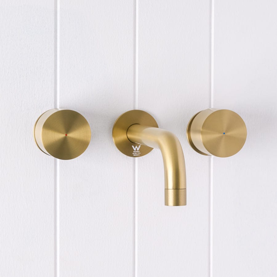 Yabby TAPWARE Sydney Wall Spout + Round Wall Taps Brushed Brass