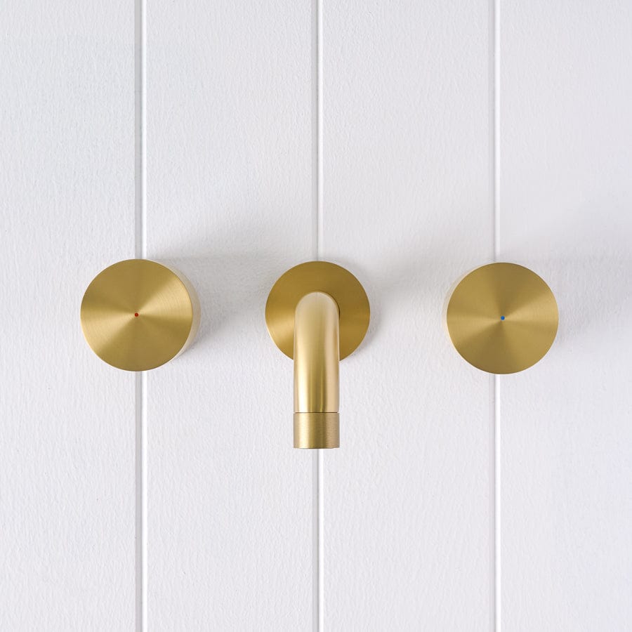 Yabby TAPWARE Sydney Wall Spout + Round Wall Taps Brushed Brass