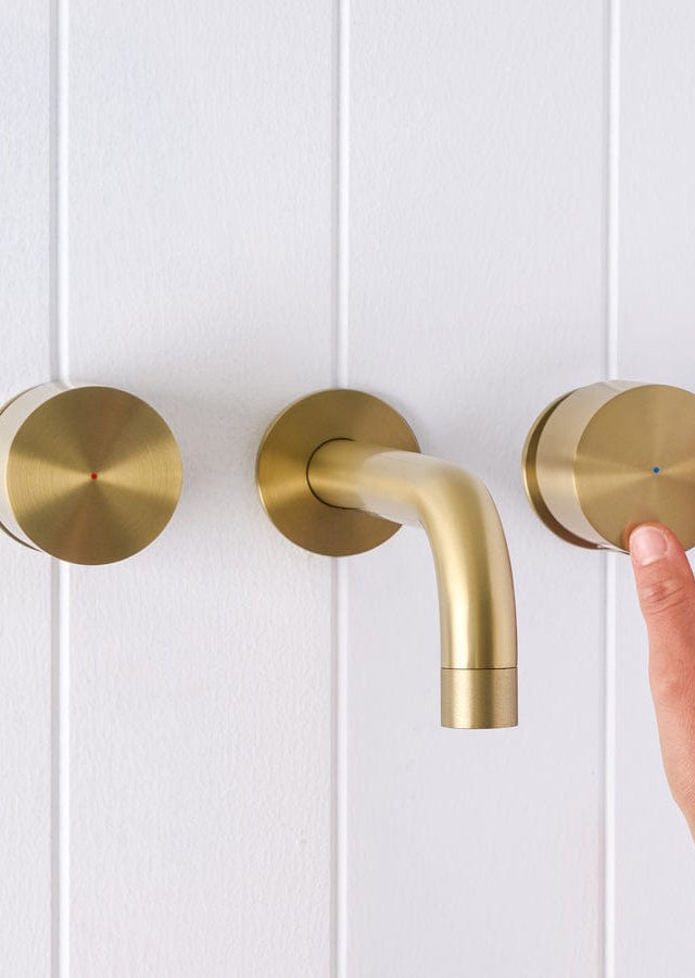 Yabby TAPWARE Sydney Wall Spout + Round Wall Taps Brushed Brass