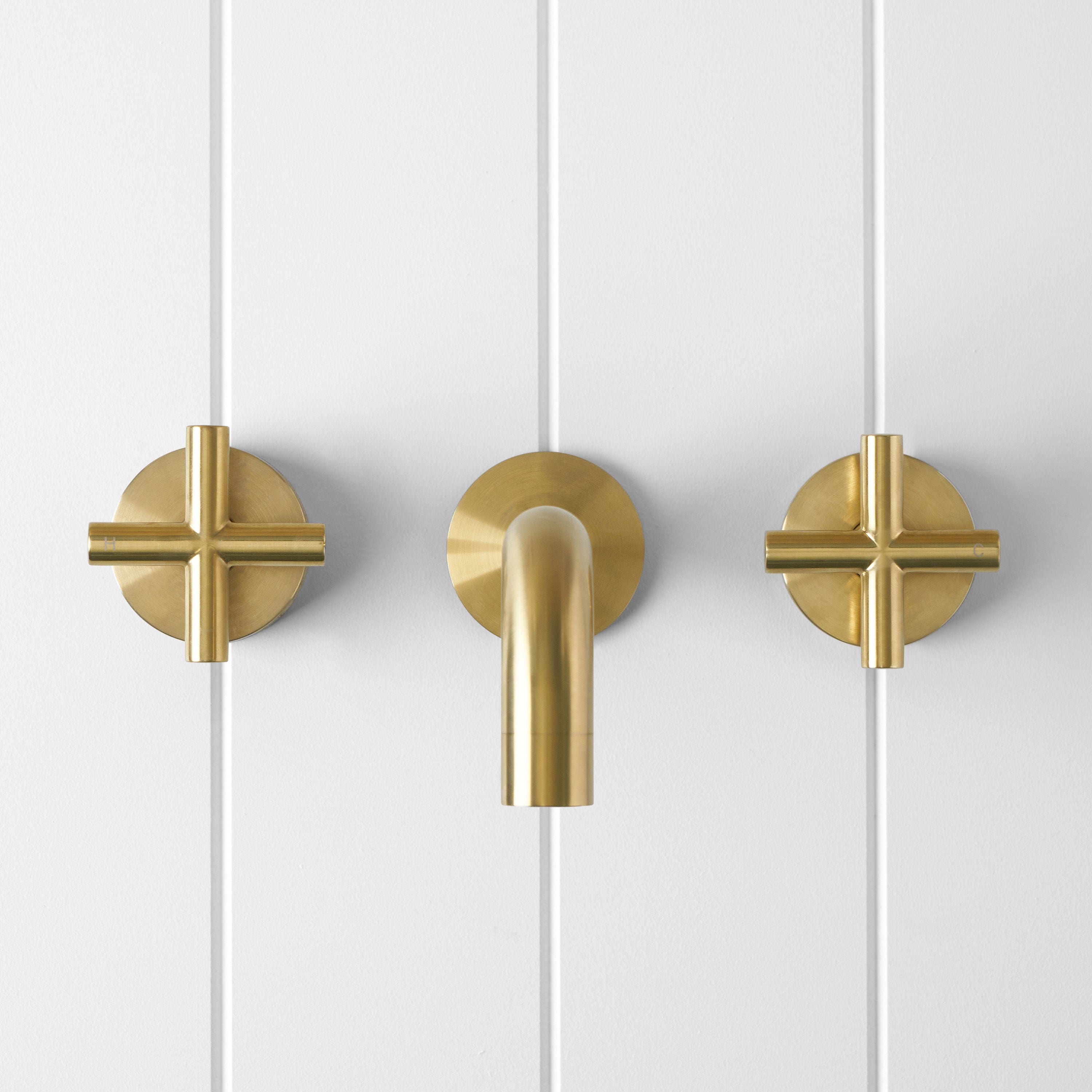 Yabby TAPWARE Wall spout + Cross taps Brushed Brass