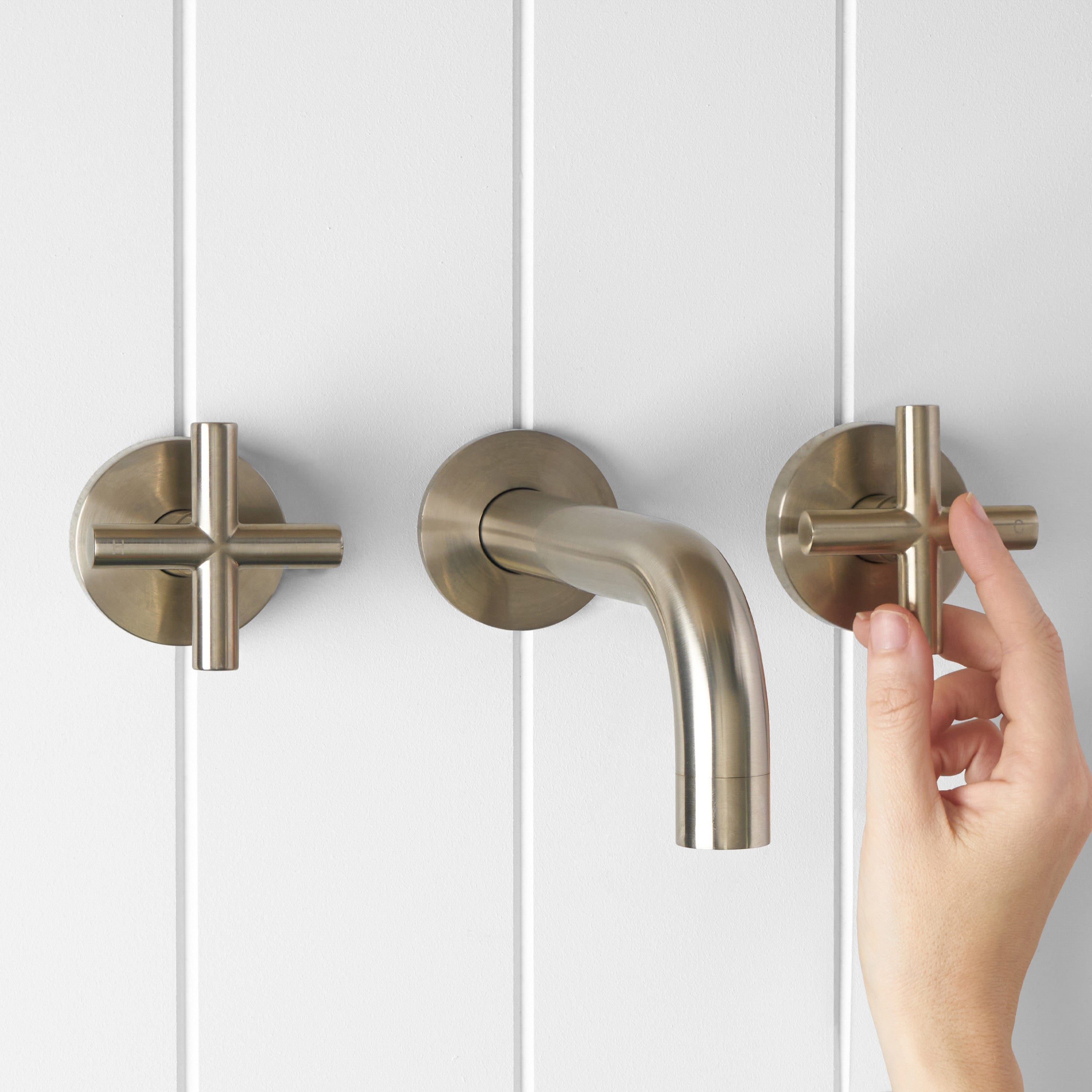 Yabby TAPWARE Wall Spout + Cross Taps Warm Brushed Nickel